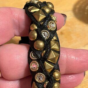 Bohemian Black Leather Type Bracelet with Antiqued Gold and Rhinestones